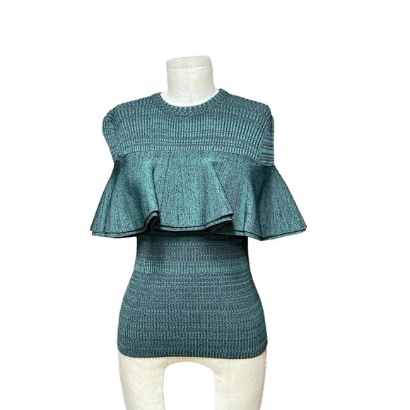 Apiece Apart Sweater Top Ruffle Ribbed Knit Marled Green Black‎ Size Small - Picture 1 of 9